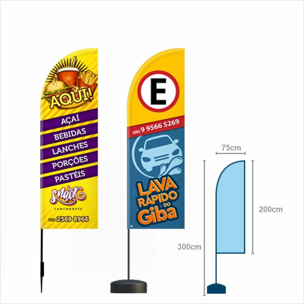 Kit de Wind Banner de 3 metros com tecido impresso, haste e base de sustentação